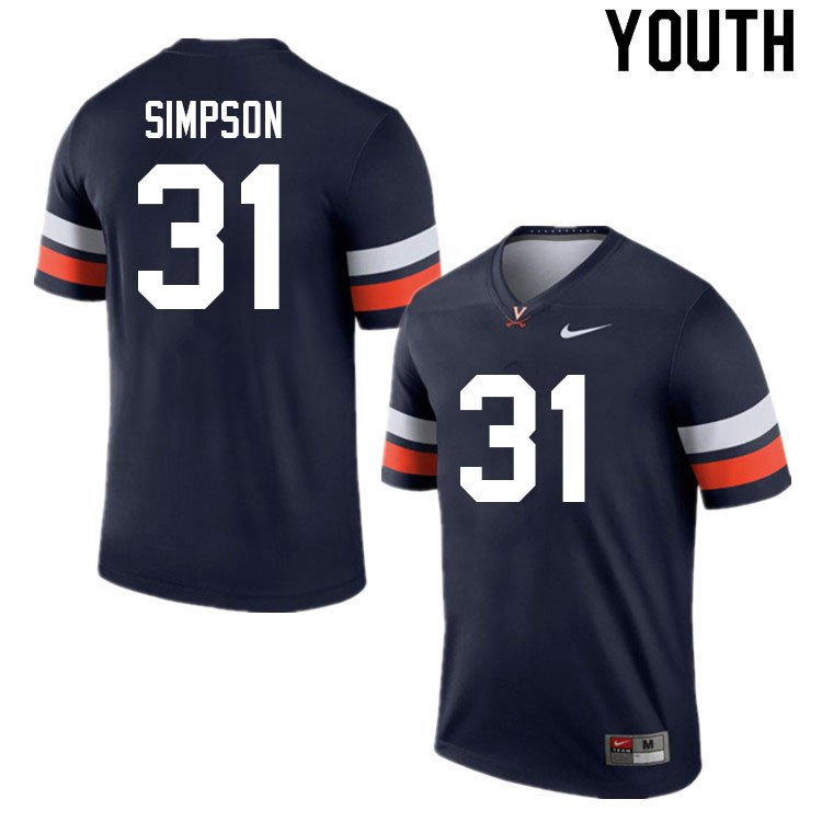 Youth #31 Shane Simpson Virginia Cavaliers College Football Jerseys Sale-Navy - Click Image to Close